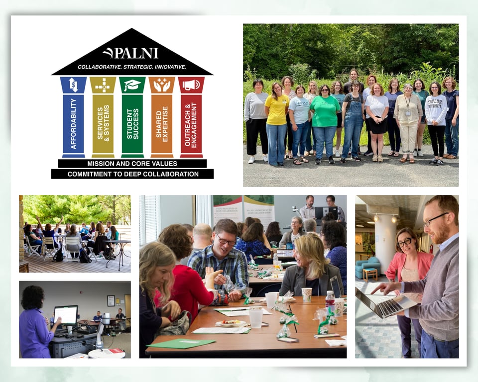 Photo collage showing the PALNI strategic framework, as well as group photos of PALNI librarians working together.