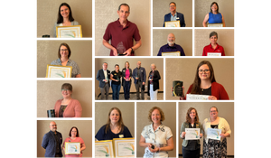 Photo collage depicting recipients of the 2026 All-Staff Awards. Each photo contains an individual or multiple individuals holding a trophy or certificate, standing in front of a beige wall, and smiling.
