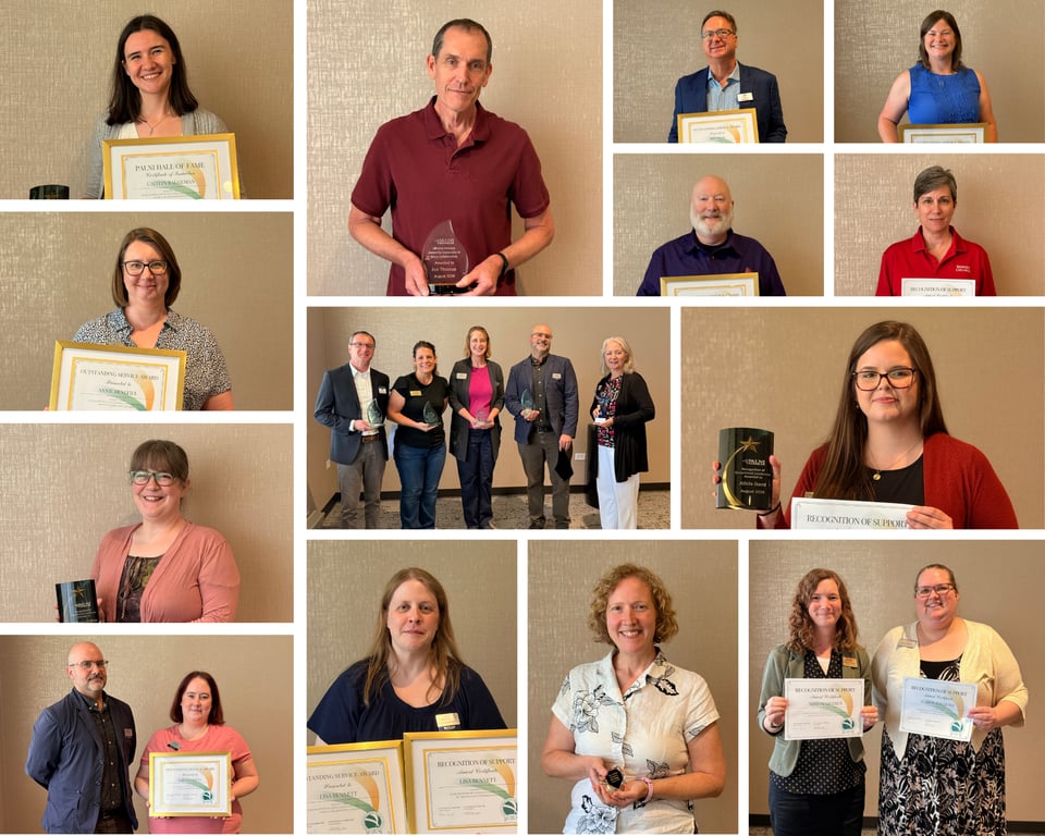 Photo collage depicting recipients of the 2026 All-Staff Awards. Each photo contains an individual or multiple individuals holding a trophy or certificate, standing in front of a beige wall, and smiling.