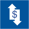Blue square with white icon of arrows pointing up and down underneath a dollar sign