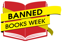Banned Books Week logo depicting red book with a yellow banner over it that reads Banned Books Week