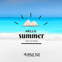 Image of blue water, a beach and blue sky with an open book. Text on the image reads: Hello Summer - Time to Read, with the PALNI logo