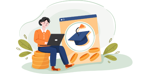 Illustration of college student on a laptop, sitting on top of an enlarged stack of coins. To the right is an image of a grad cap with coins underneath. Illustration of college student on a laptop, sitting on top of an enlarged stack of coins. To the right is an image of a grad cap with coins underneath.