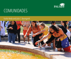 Comunidades book cover with photo of students throwing things from small cups into a fountain