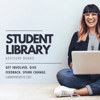 Graphic design with student sitting cross-legged with laptop in her lap, smiling.
