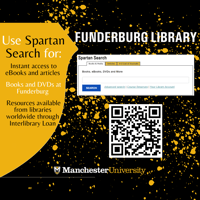 Graphic design of a gold shield on a black background with Manchester University logo. It contains information about the library catalog search and a QR code to it.