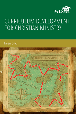 Book cover with the title Curriculum Development for Christian Ministry by Karen Jones. The cover depicts a fictional map with a red route line tracing across the map.