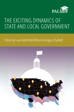 The Exciting Dynamics of State and Local Government book cover with graphic design of the United States superimposed over the silhouette of a capital building.