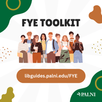 Decorative graphic design advertising the FYE toolkit with illustration of college students 