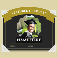 Graphic design featuring a graduate in cap and gown with a frame styled to look like a diploma