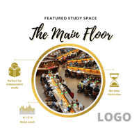 Graphic design featuring a study space in the library with students sitting at desks studying