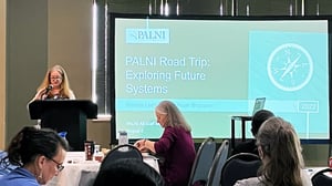 Kirsten Leonard presents to crowd with projection screen reading PALNI Road Trip: Exploring Future Systems in background