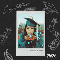 Graphic design with image of a girl wearing a green cap and gown and blowing glitter from her hands. The image sits on a background resembling a chalkboard with drawings of stars, squiggly shapes, a diploma, a grad cap, and the words Congratulations! and 2026.