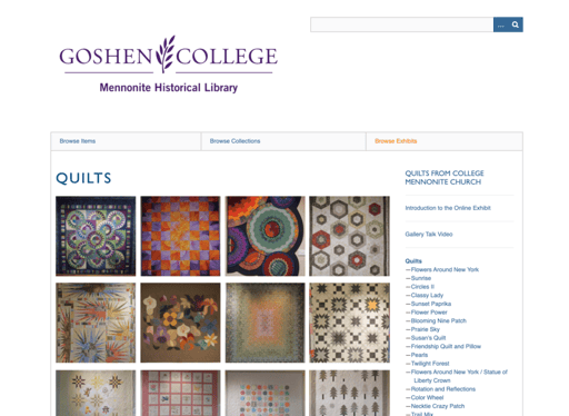 Screen shot of Goshen College's quilt exhibit webpage, with photos featuring different quilt patterns