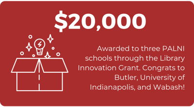 red graphic with icon of a box with a lightbulb coming out of it that reads $20,000 - Awarded to 3 PALNI schools through the Library Innovation Grant.