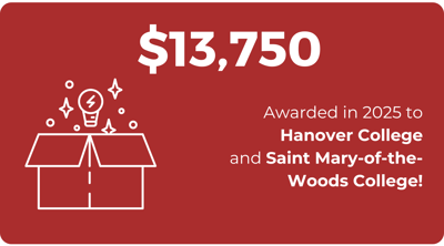 Red box with graphic of a box with a lightbulb coming out of it that reads: $13,750 Awarded in 2025 to Hanover College and Saint Mary-of-the-Woods College!