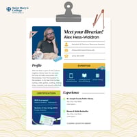 A profile highlighting a librarian with a photo of a person with a cat in their lap and information about the person's job and experience.