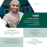 Graphic design featuring a smiling college student holding books in front of a campus building. The flyer promotes visiting the library.