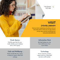 Graphic design with student in a yellow sweater looking at an open book with information about visiting the library