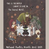 Poster with illustration of an ogre, a giant mouse-like creature, a bearded man playing a banjo, and other people sitting around a table for NPM 2025