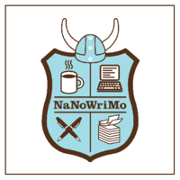 Blue, brown and white badge logo for NaNoWriMo containing graphics of viking hat, coffee mug, laptop, pens and paper.