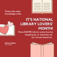 Red graphic design with pink books and hearts for National Library Lovers' Month