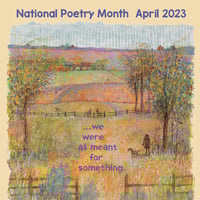 Illustration of a meadow with trees and fences, with a person standing with a dog. The graphic reads: National Poetry Month April 2023