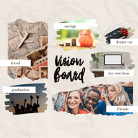 Vision board with photo collage indicating travel, friends, dream car, my own boss, etc.