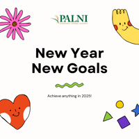 Graphic design with animated hearts, shapes, flowers and characters that reads New Year New Goals: Achieve anything in 2025!