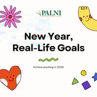Graphic design with animated hearts, shapes, flowers and characters that reads New Year, Real-Life Goals: Achieve anything in 2026!