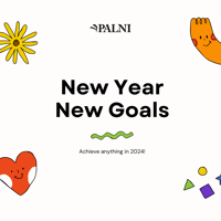 Graphic design with animated hearts, shapes, flowers and characters that reads New Year New Goals: Achieve anything in 2024!