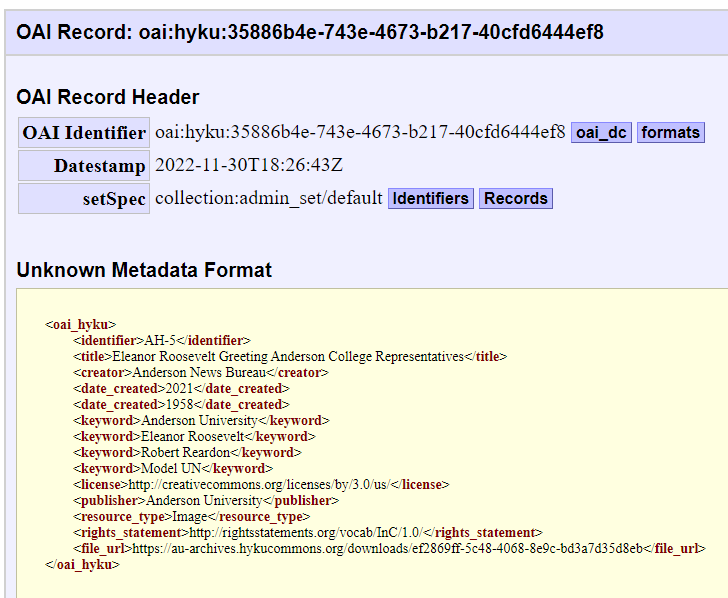 Screenshot of an individual work's OAI list entry.  Complete metdata for the work is shown, starting with identifier and ending with file URL.