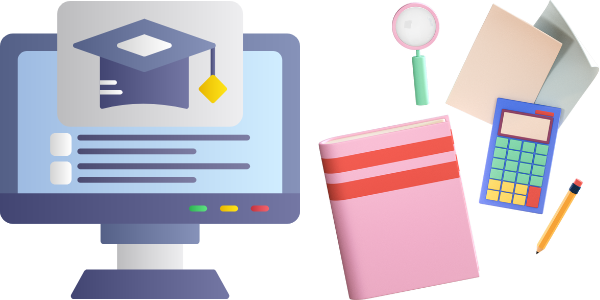 Illustration of a desktop computer with a grad cap hovering over it, with books, a calculator, pencil, papers, and a magnifying glass to the right of it.