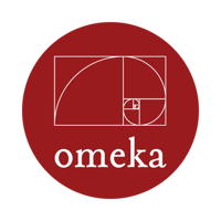 Red circular Omeka logo with decorative image