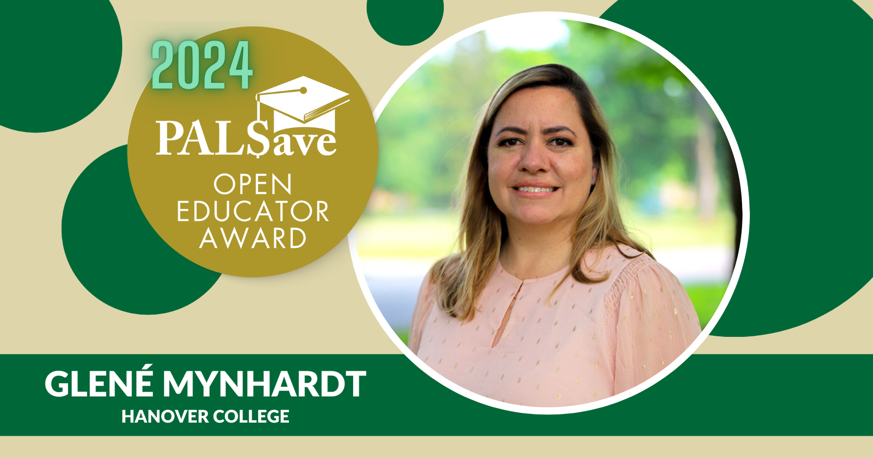 2024 PALSave Open Educator Award decorative banner with photo of Glené Mynhardt