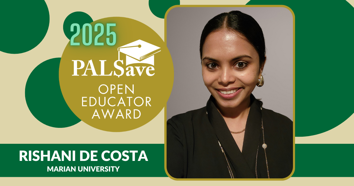 2025 PALSave Open Educator Award green and gold decorative banner featuring a photo of Rishani De Costa.