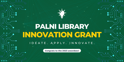 PALNI Library Innovation Grant green graphic with lightbulb icon. Text under the grant title reads: ideate, apply, innovate. Congrats to the 2023 awardees!
