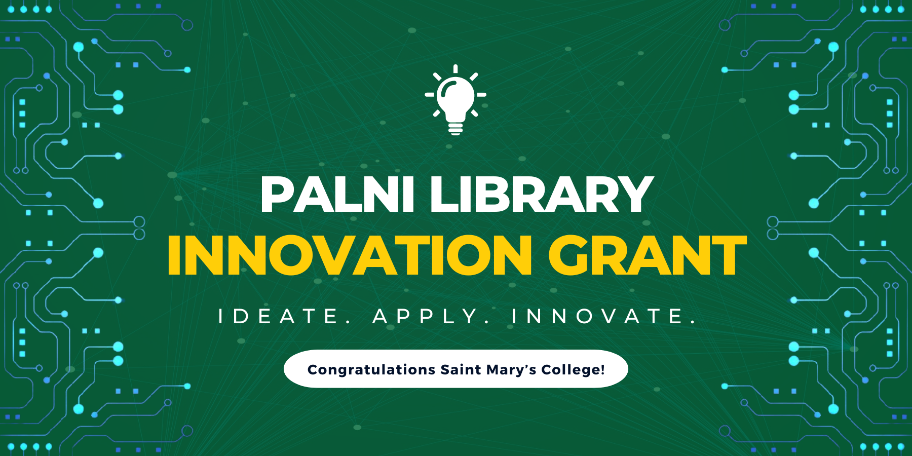 Dark green banner with light bulb icon and blue decorative lines that reads: PALNI Library Innovation Grant. Ideate. Apply. Innovate. 