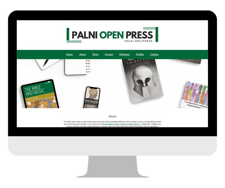 Graphic design of a desktop computer open to the PALNI Open Press homepage, which contains the POP logo and covers of POP publications