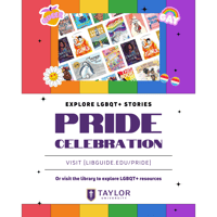 Graphic design with rainbow-colored banners and LGBTQ+ oriented stickers promoting the exploration of LGBQT+ stories at the library.