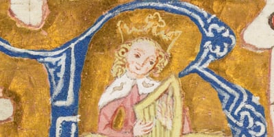 Artistic image of Biblical figure playing harp