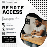 Graphic design with student sitting at a desk, facing a laptop. Decorative elements include black text, dots, and icons depicting remote resources.