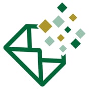 A dark green geometric envelope opens to reveal a scattering of small golden, green, and light green squares.