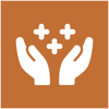 Orange square with white icon of hands opened with star shapes coming out of them