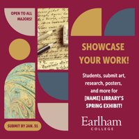 Social media graphic with colored shapes, a paint splash and photo of paper and pencils announcing a student exhibit.