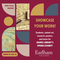 Social media graphic with colored shapes, a paint splash and photo of paper and pencils announcing a student exhibit.