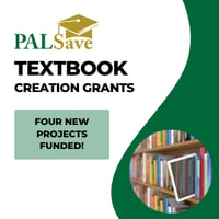 A PALSave green and gold logo with graduation cap sits at the top of a graphic design that includes a wavy green shape and a photo of a tablet sitting in the middle of a row of colorful books.