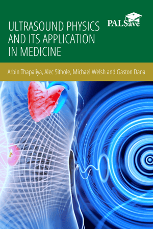 Ultrasound Physics and its Applications in Medicine book cover with blue graphic design depicting a human heart and sound waves