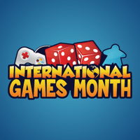 International Games Month logo with cartoon video game controller, dice and game piece. 