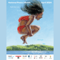 Official poster for National Poetry Month 2024 featuring illustration of a young girl jumping into a lake